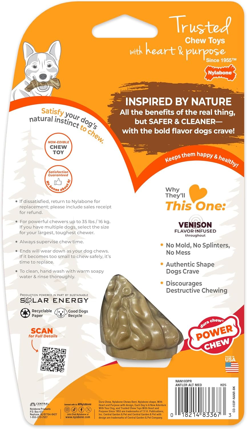 Nylabone Power Chew Antler Alternative Nylon Chew Toy for Dogs, Dog Toys for Aggressive Chewers, Venison Flavor, Medium/Wolf (1 Count)
