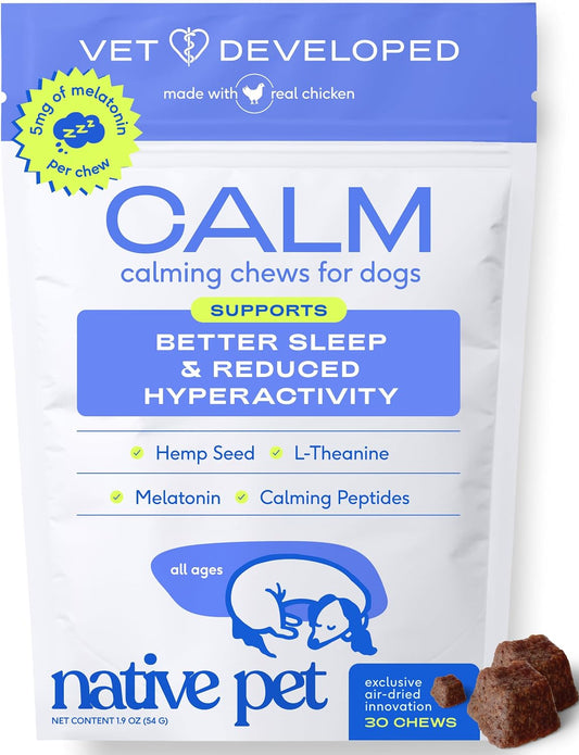 Native Pet Calming Chews for Dogs - Promotes Calming Effect, Supports Emotional Balance & Reduces Hyperactivity - Hemp Seed, Melatonin for Dogs, L-Theanine & Casein - Air-Dried 30 Chews