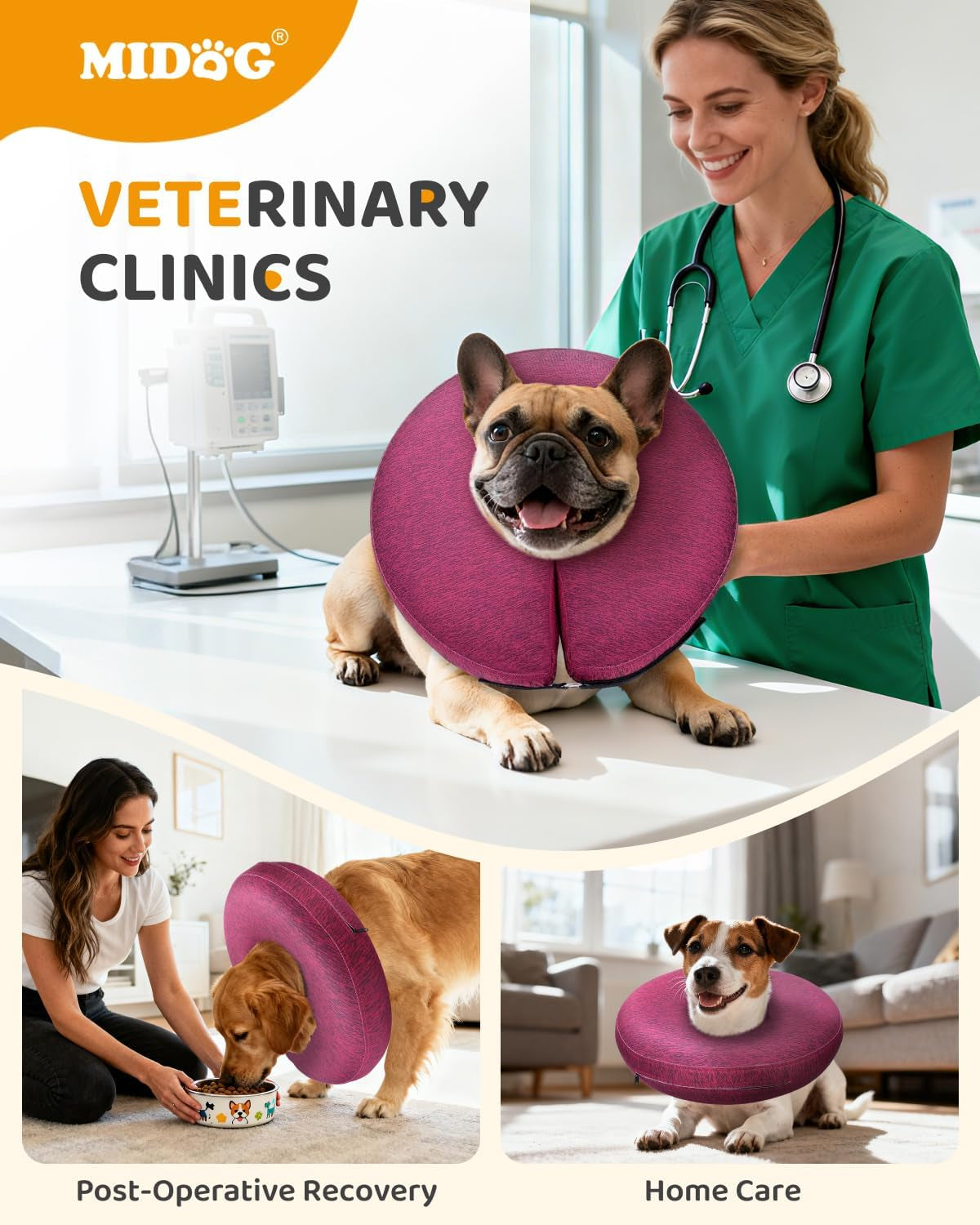 MIDOG Inflatable Dog Cone Collar – Soft Dog Cone Alternative after Surgery, Comfortable Recovery Neck Donut Ecollar for Small Medium & Large Dogs and Cats to Stop Licking & Vision-Friendly (Rose,L)