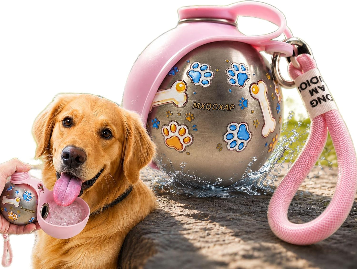 2026 New 2-In-1 Dog Water Bottle Portable, 10 Ounce Stainless Steel Dog Water Bottle, Travel Dog Water Bottle with Foldable Silicone Bowl and Water Reflux Design, Suitable for during Walks (Pink)