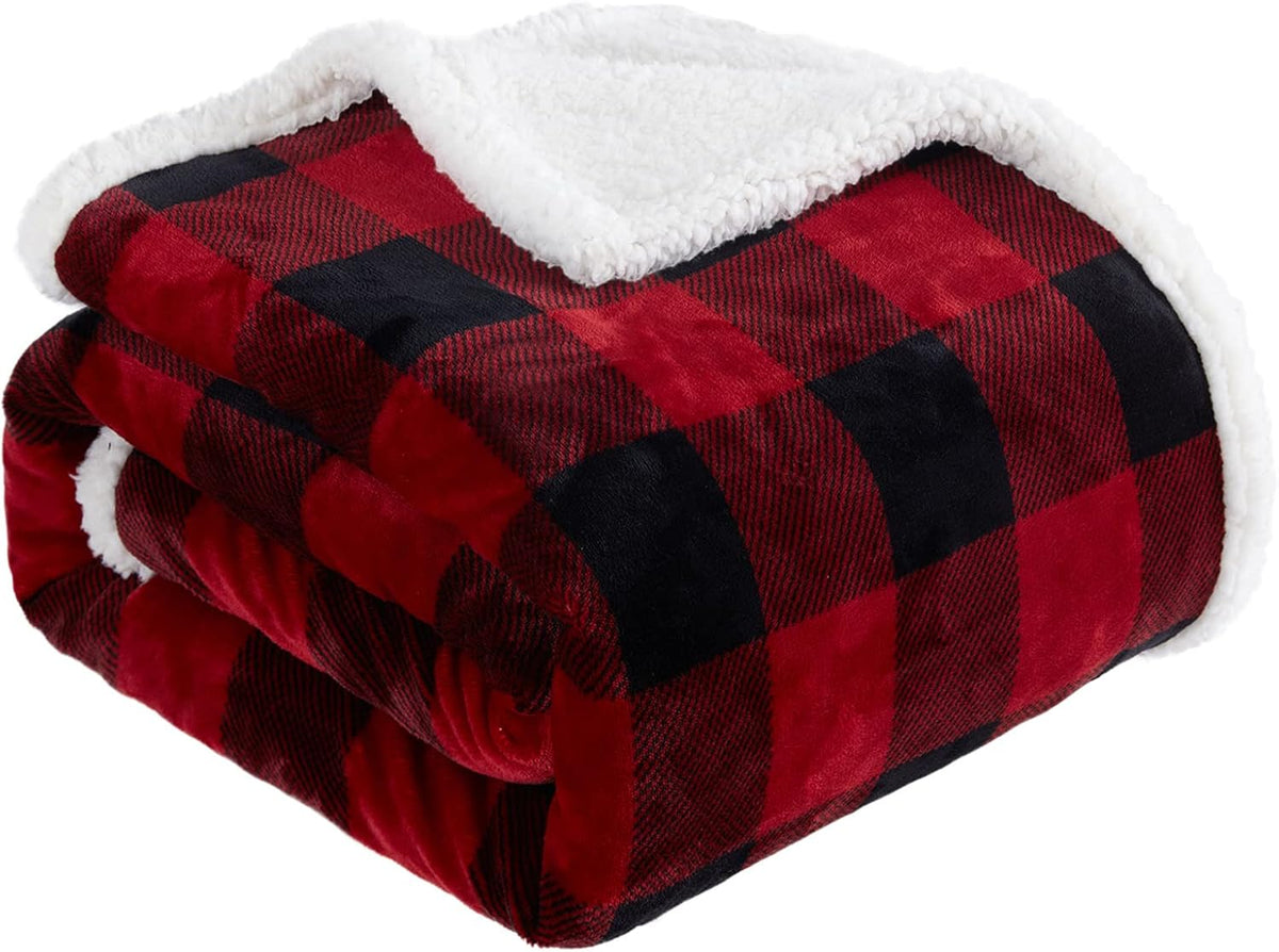 Touchat Sherpa Red and Black Buffalo Plaid Christmas Twin Blanket 60" X 70", Fuzzy Fluffy Soft Cozy Throw Blanket, Fleece Flannel Plush Microfiber Blanket for Couch Bed Sofa