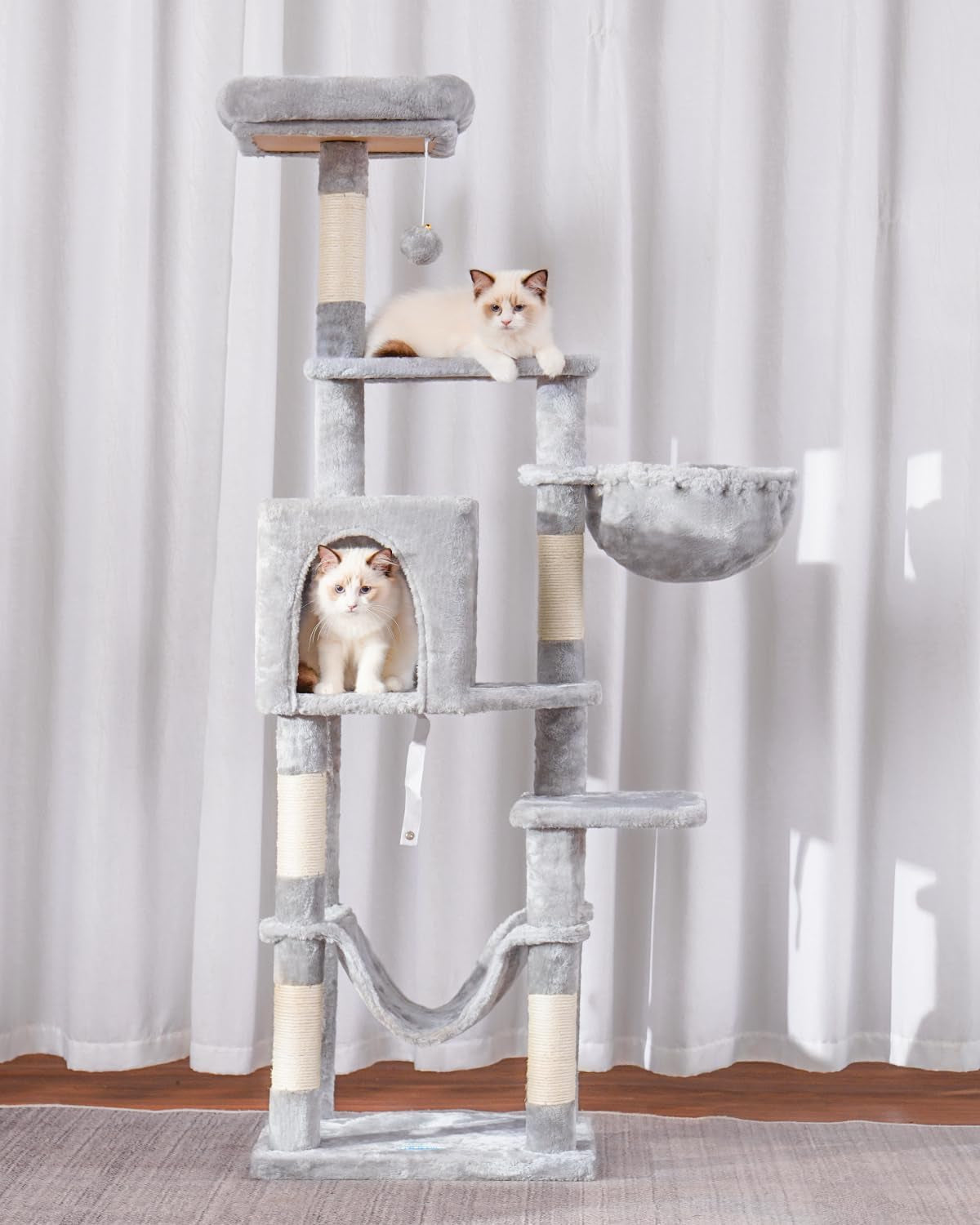 Hey-Brother Cat Tree with Large Hammock, Multi-Level Cat Tower for Indoor Cats, Cat Condo with Sisal-Covered Scratching Posts and Top Perch, Light Gray MPJ050W