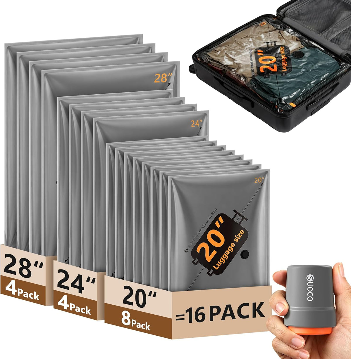 Vacuum Bags for Travel with Rechargeable Pump, 16 Combo, Grey