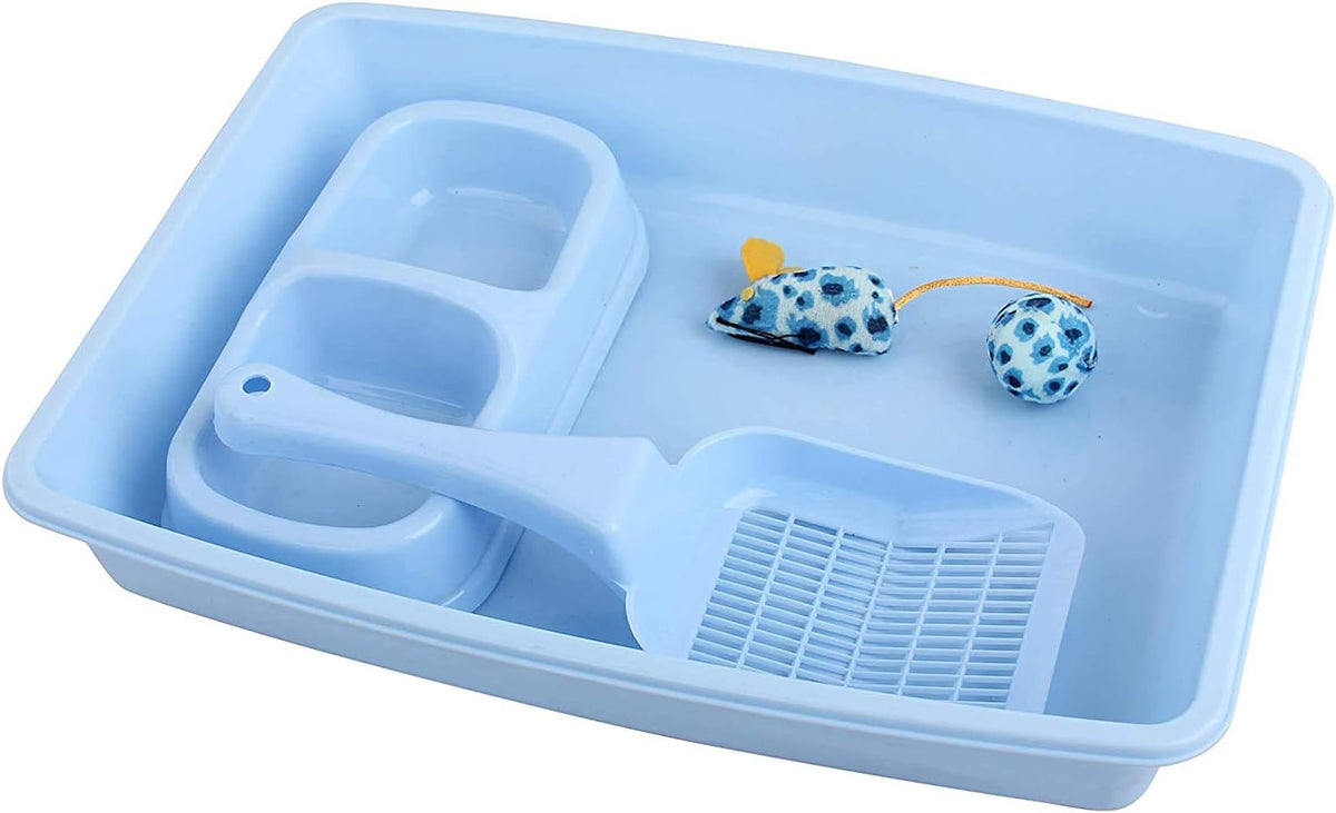 PAWISE Newborn Kitty Litter Box Set 5-Pieces - Shallow Cat Litter Pan, Cat Litter Scooper, Feeding Bowls, Kitten Starter Kit Mouse Toy, 14.5X10.5 Inches, Blue
