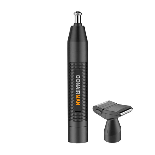 Conairman Nose Hair Trimmer for Men, for Nose, Ear, and Eyebrows, Patent 360 Bevel Blade for No Pull, No Snag Trimming Experience, Cordless Trimmer 2 Piece Set with Detail and Shaver Attachments