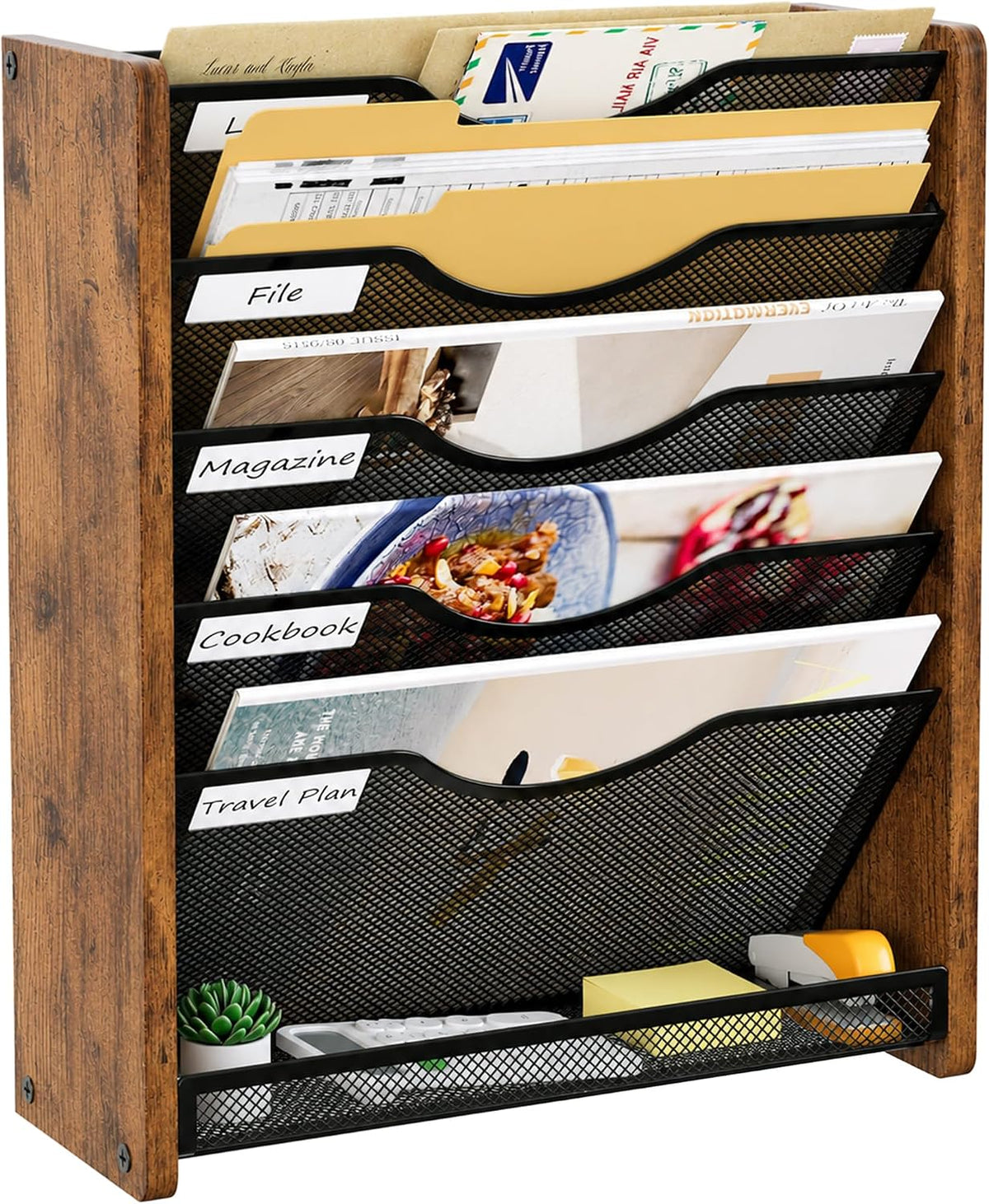 Hanging Wall File Organizer, 6 Tier Wall File Holder, Brown