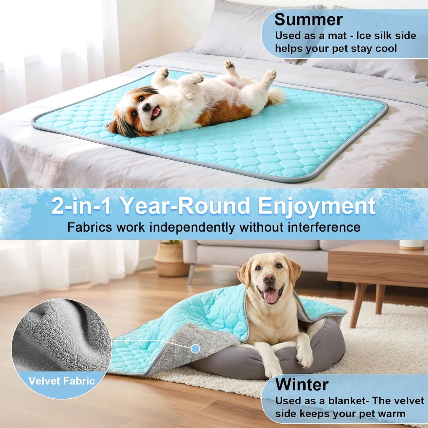 Vivifying Cooling Mat for Dogs, 40 X 30 Inch Waterproof Reversible Pet Cooling Pad with Ice Silk & Soft Velvet, Washable Summer & Winter Pet Blanket for Couch, Bed, Crate, Floor, Car Seat (Blue&Grey)