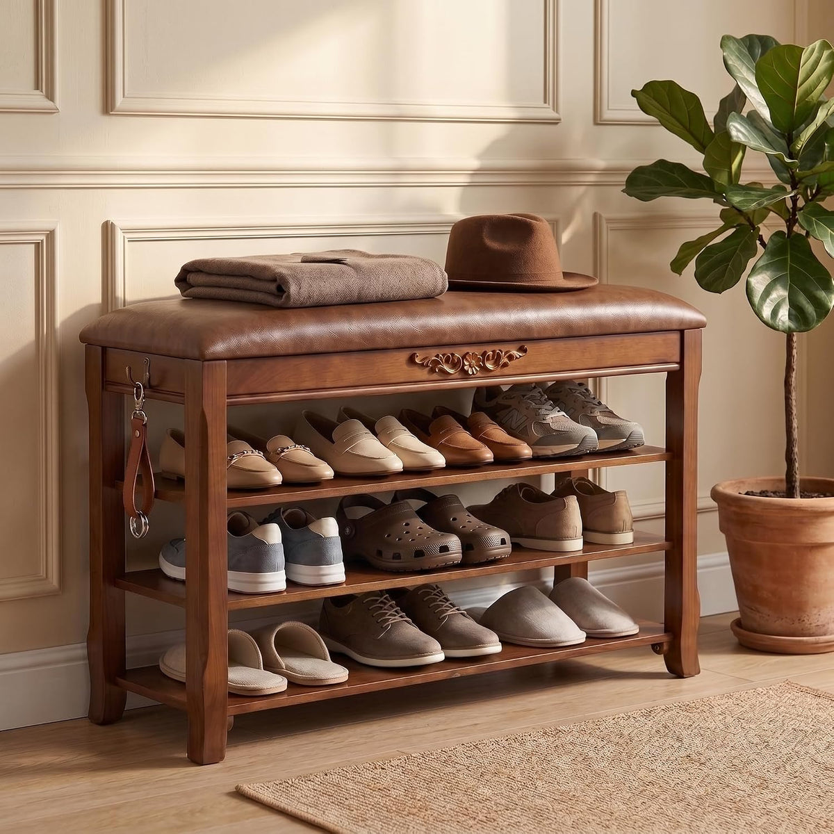 Shoe Rack Bench Entryway Storage with Leather Cushion, 31.5"
