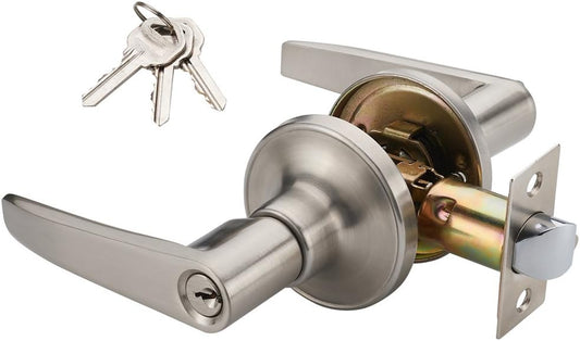 1 Pack of MANREN Lever Keyed Entry Door Lever Handle Lock, Universal Door Knob Hardware,Nickel Brushed Color (MR802ET)