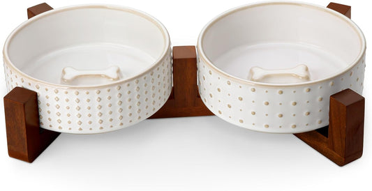 MALACASA Dog Bowl Set, Ceramic Bowls with Walnut Wood Stand, 1.5 Cups