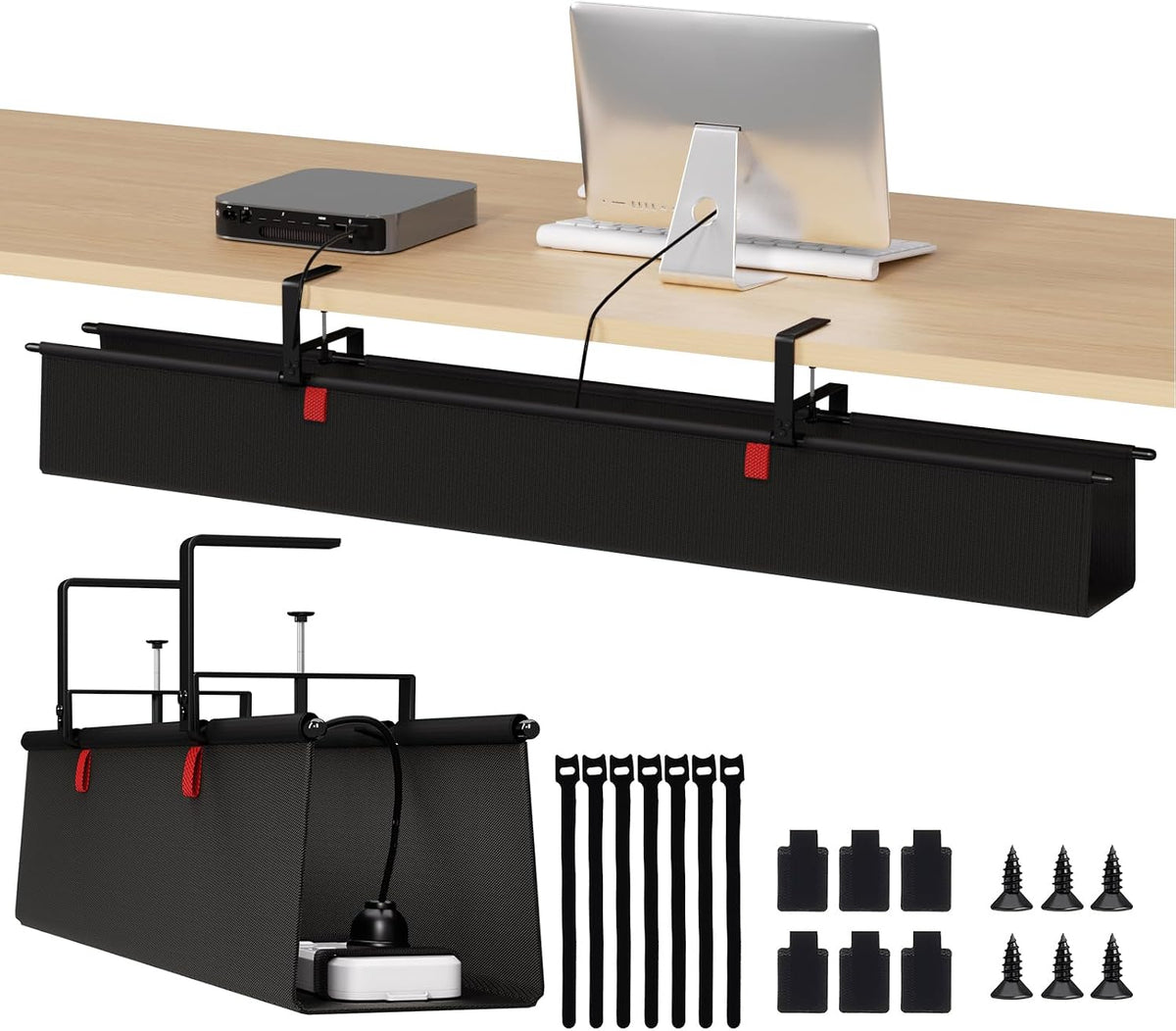 Under Desk Cable Management Tray, 48" Fabric Wire Cord Organizer, Black