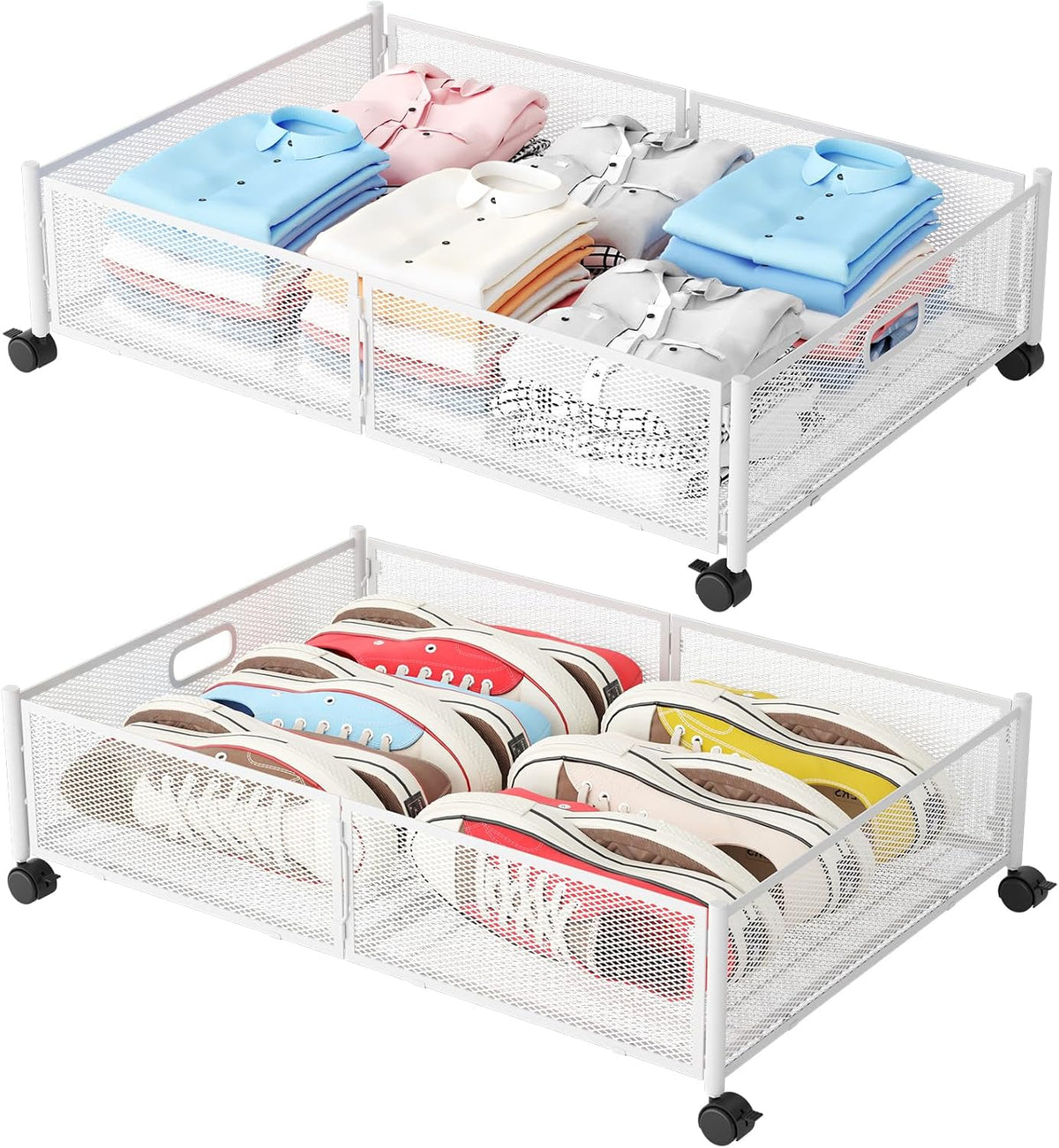 Gawerk under Bed Storage with Wheels, Foldable Metal Mesh Underbed Storage Container Bins, Tool-Free Assembly Clothes Drawer Organizer, 2Pack