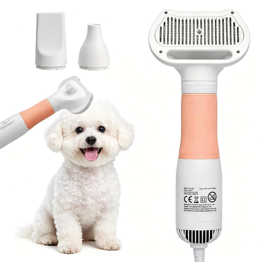 3-In-1 Dog Hair Dryer Brush with Detangling Slicker – Adjustable Heat for Sensitive Skin, Overheat Protection, Lightweight Portable Grooming Tool for Small/Medium Breeds (Pink)