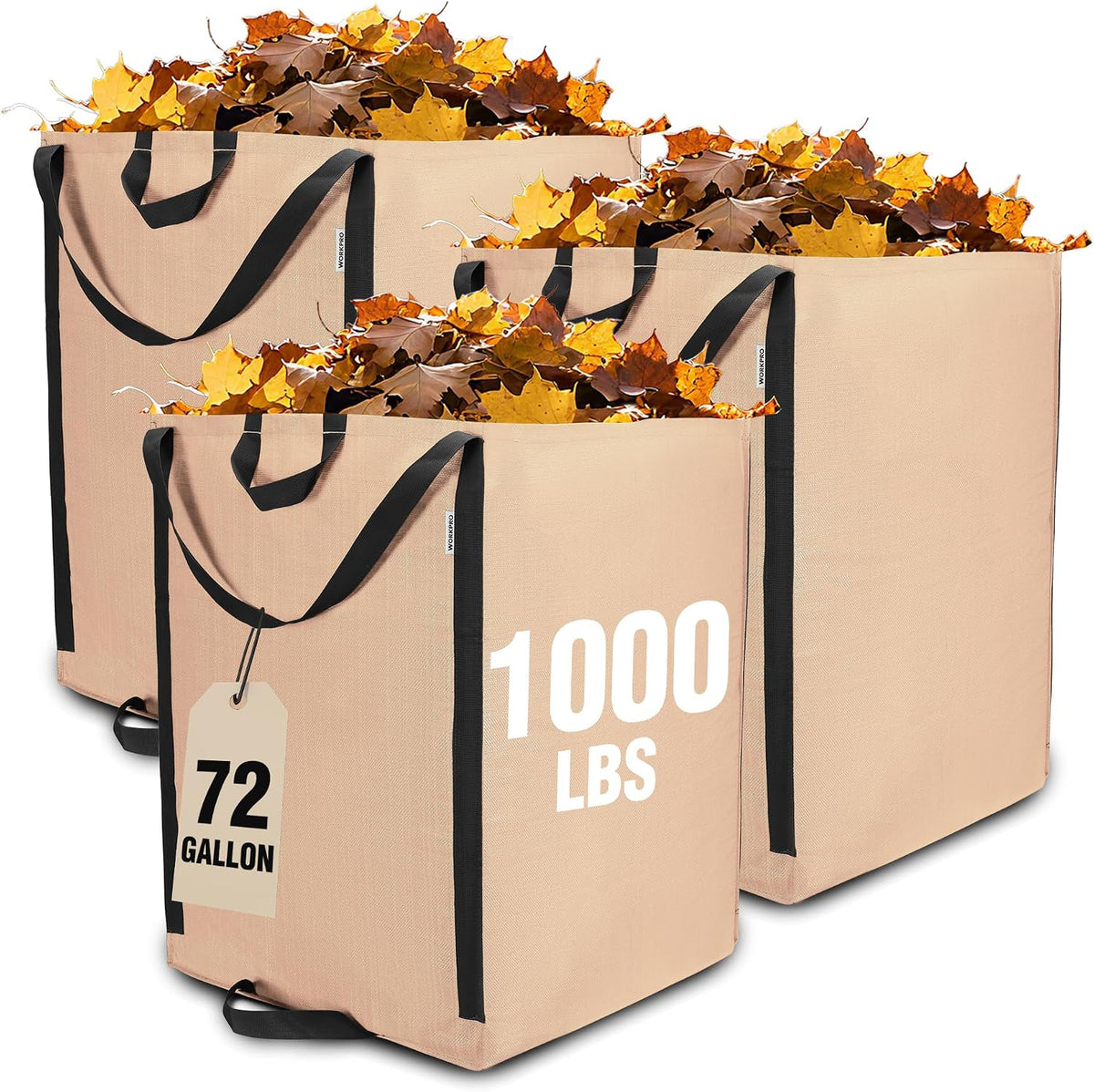 WORKPRO Heavy Duty 72-Gallon Reusable Yard Waste Bags, 3 Pack, Light Tan