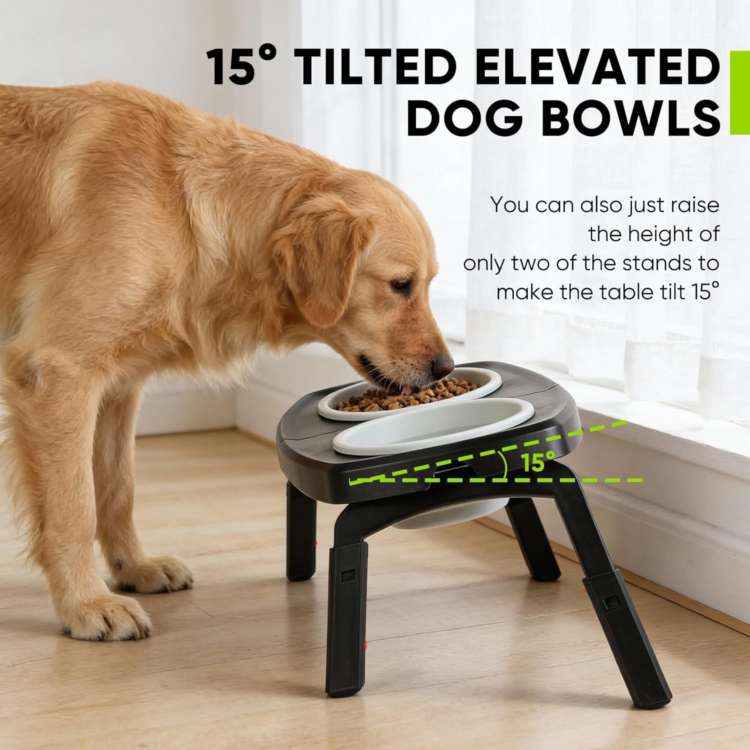 Elevated Dog Bowls Stand, 3 Height Adjustable Raised Dog Bowl with Collapsible Silicone Bowls, Non-Slip Stand for Small, Medium, Large Dogs & Pets