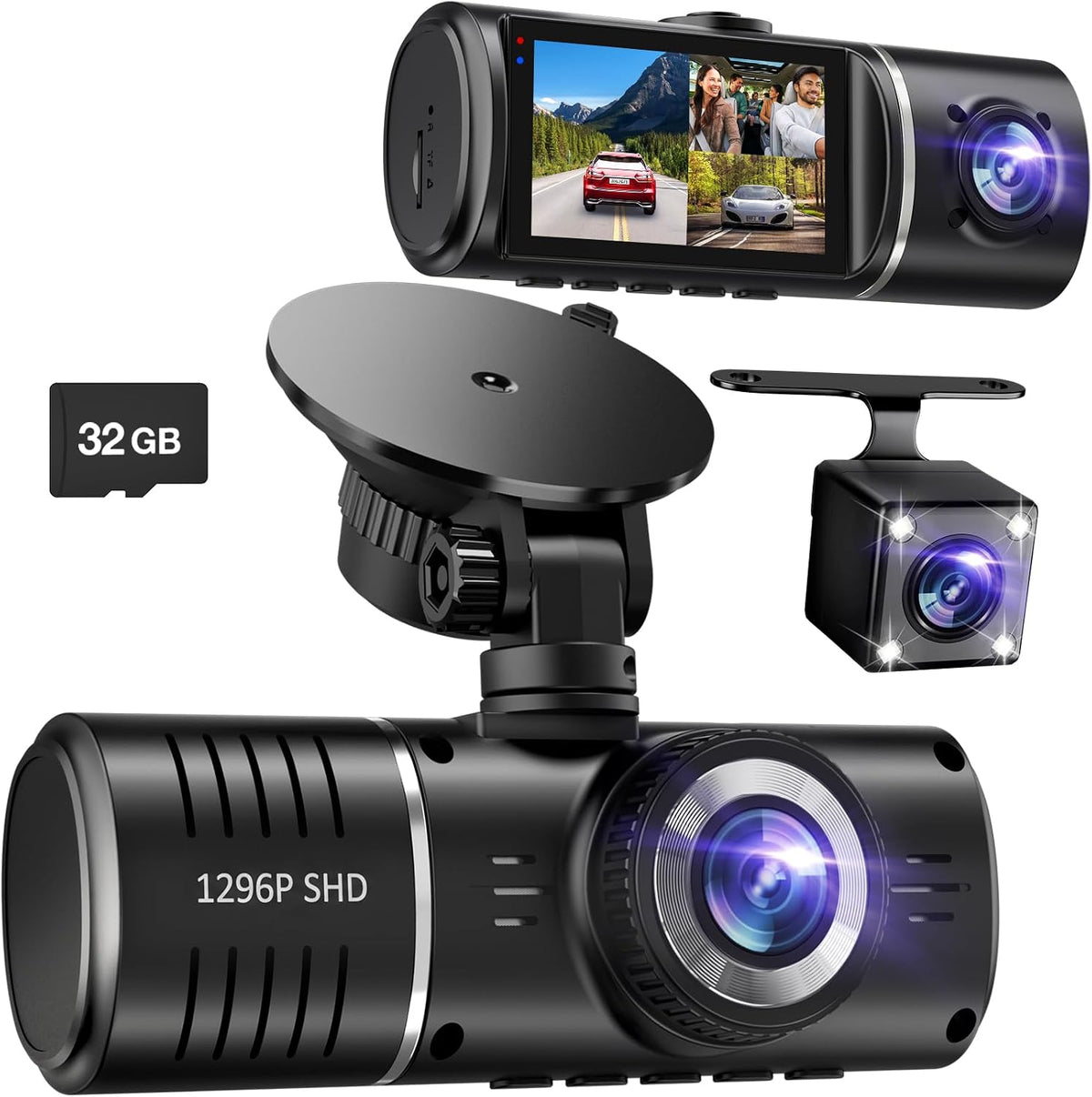 Dash Cam Front and Rear, 1296P Dash Camera for Cars, 3 Channel Car Camera Front Rear and inside with 32GB Card, Loop Recording, Night Vision, HDR, 24Hr Parking, G-Sensor