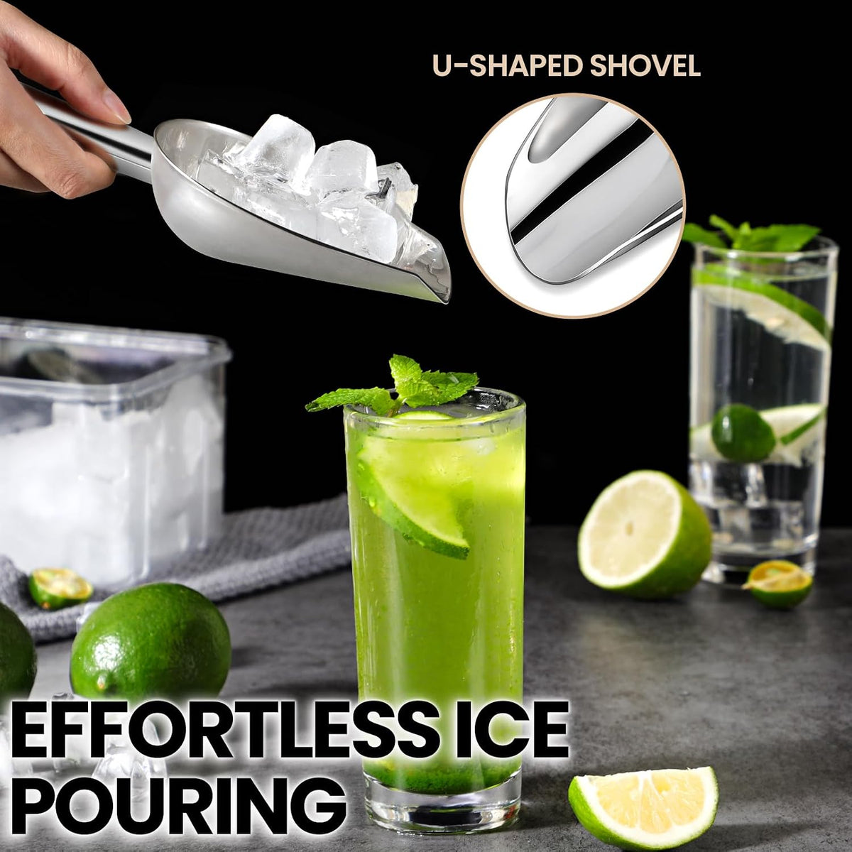 OLESBUR 12Oz Stainless Steel Ice Scoop for Freezer – Dishwasher Safe Metal Scooper with Long Handle for Ice Machines, Buckets, Dog Food, Flour, and Canisters – Ideal for Bar, Parties & Weddings