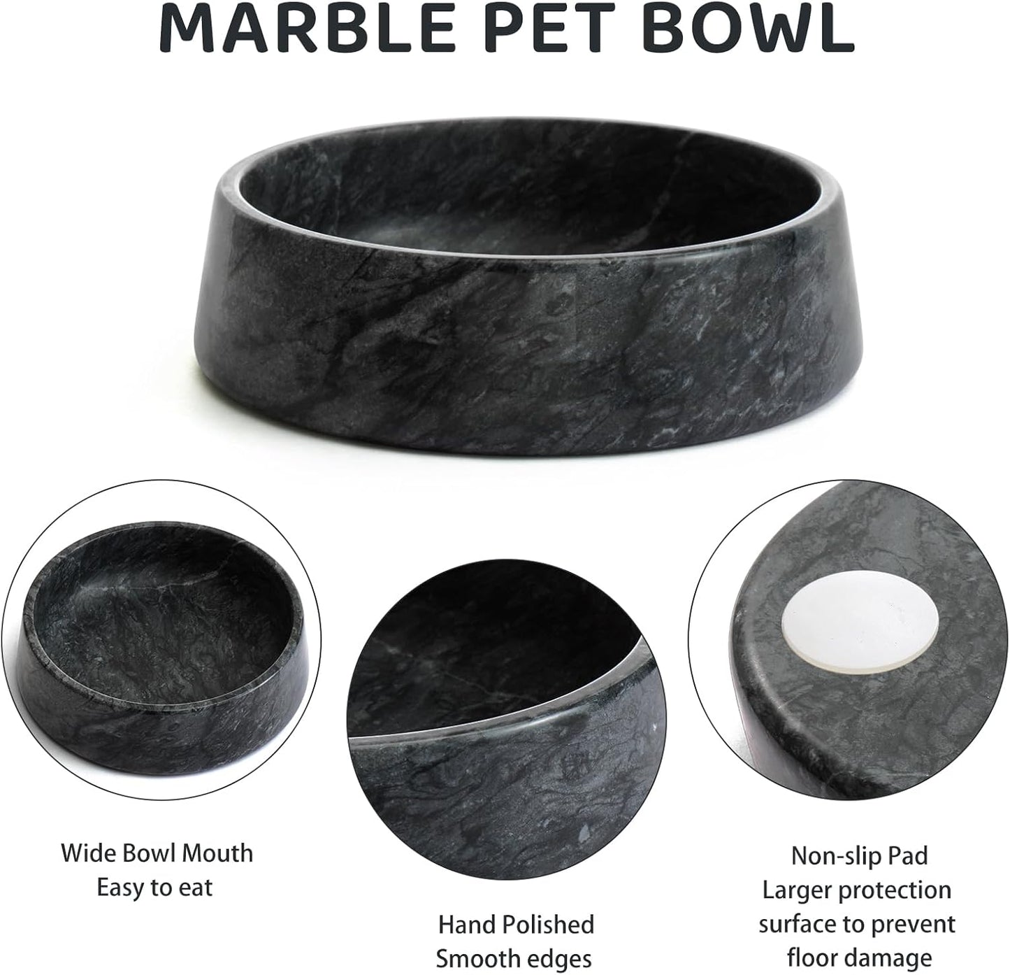 SAMAH Black Marble Dog Bowl, Non-Slip Non-Tipping Heavy Dog Food Bowl, Large Weighted Stone Dish, Natural Marble Pet Water Bowl, Easy to Clean, Present for Cat & Dog Lovers, Holds 6 Cups(6 Lbs)