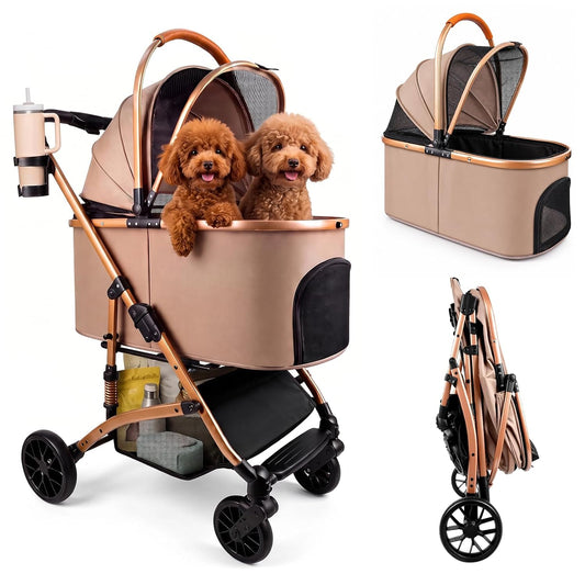 3-In-1 Dog Stroller with Detachable Carrier, Aluminum Frame, 50 Lbs, Khaki