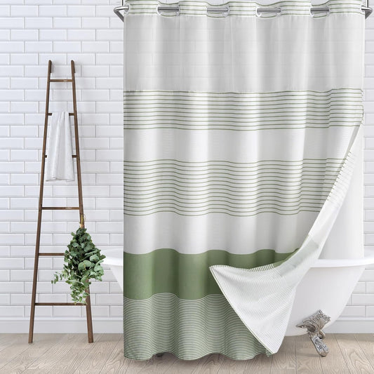 No Hook Shower Curtain with Snap in Liner Sage Green Cotton 75" L X 72" W