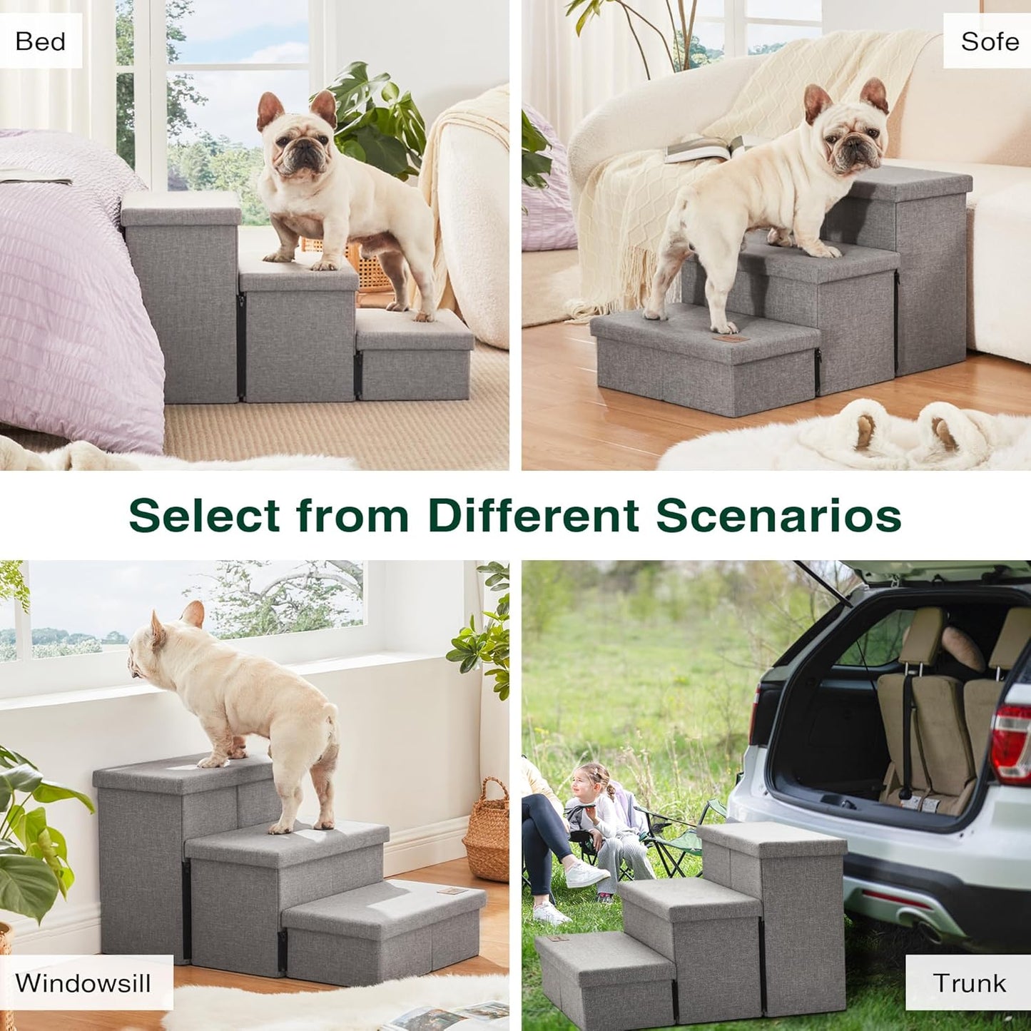 Love'S Cabin Dog Stairs for High Bed 18" H, Foldable Pet Stairs for Small Medium or Large Dogs Puppy with Storage for Bed or Couch, Cat Dog Steps Ramp with Zip up to 200 Lbs, Solid Grey, 3 Steps