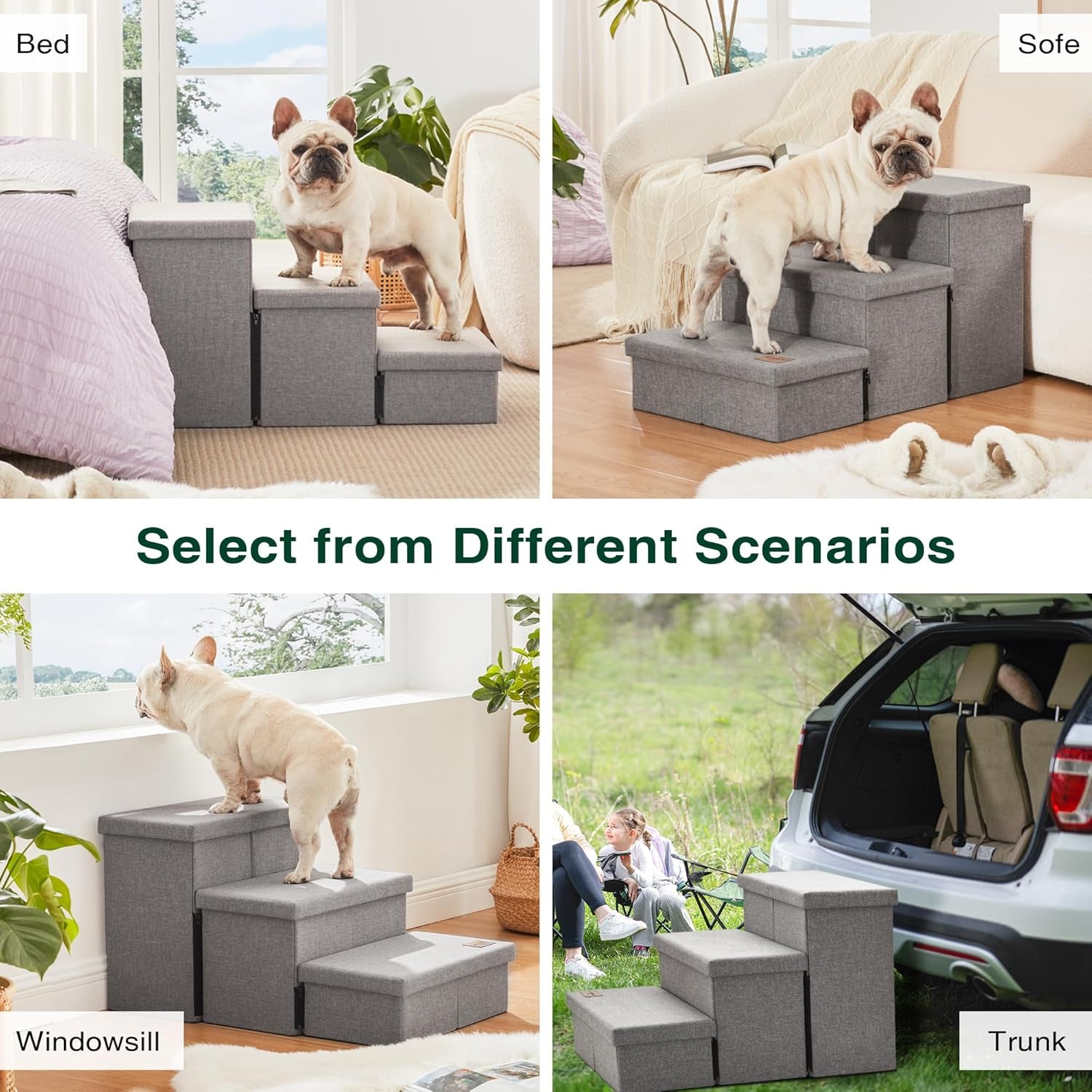 Love'S Cabin Dog Stairs for High Bed 18" H, Foldable Pet Stairs for Small Medium or Large Dogs Puppy with Storage for Bed or Couch, Cat Dog Steps Ramp with Zip up to 200 Lbs, Solid Grey, 3 Steps