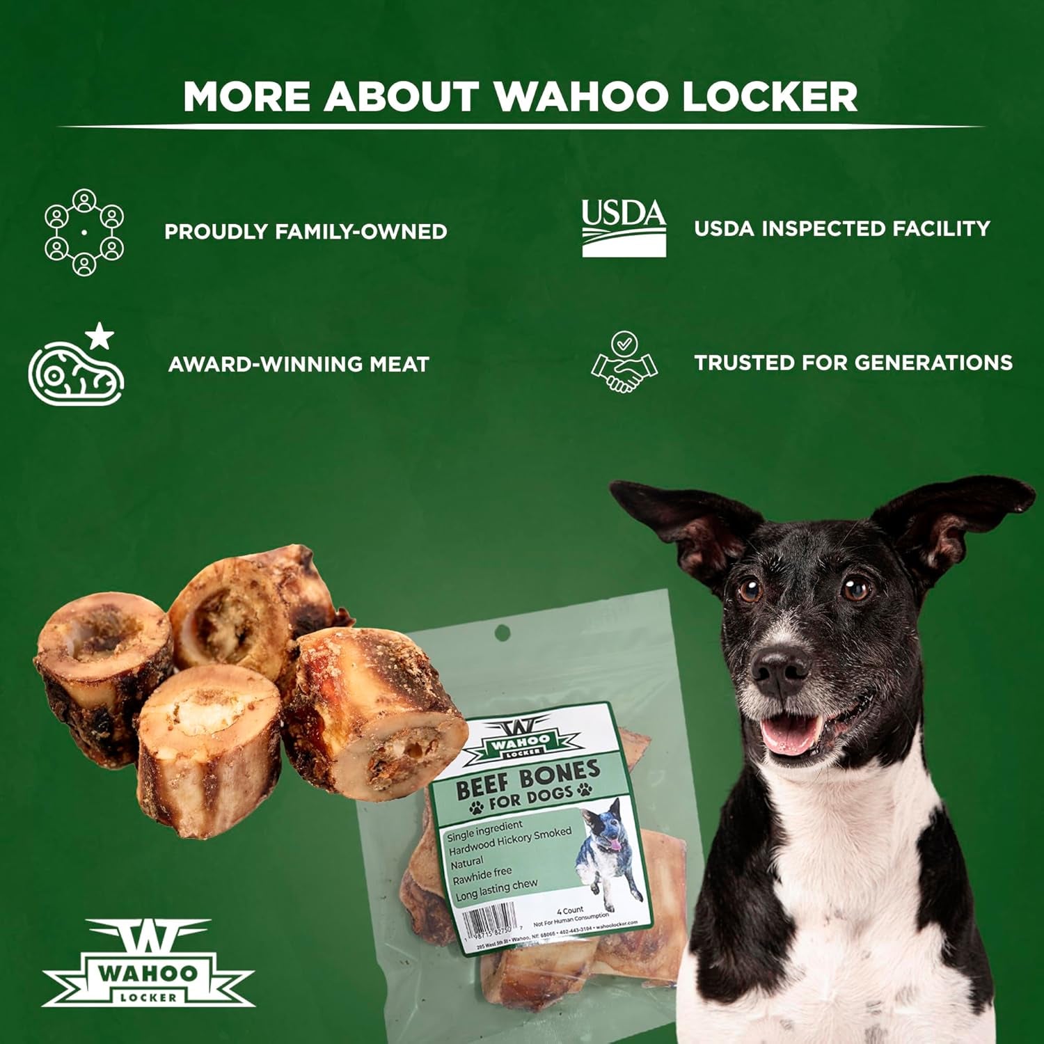 Wahoo Locker Smoked Beef Bones for Dogs, 1.5In, 4 Count