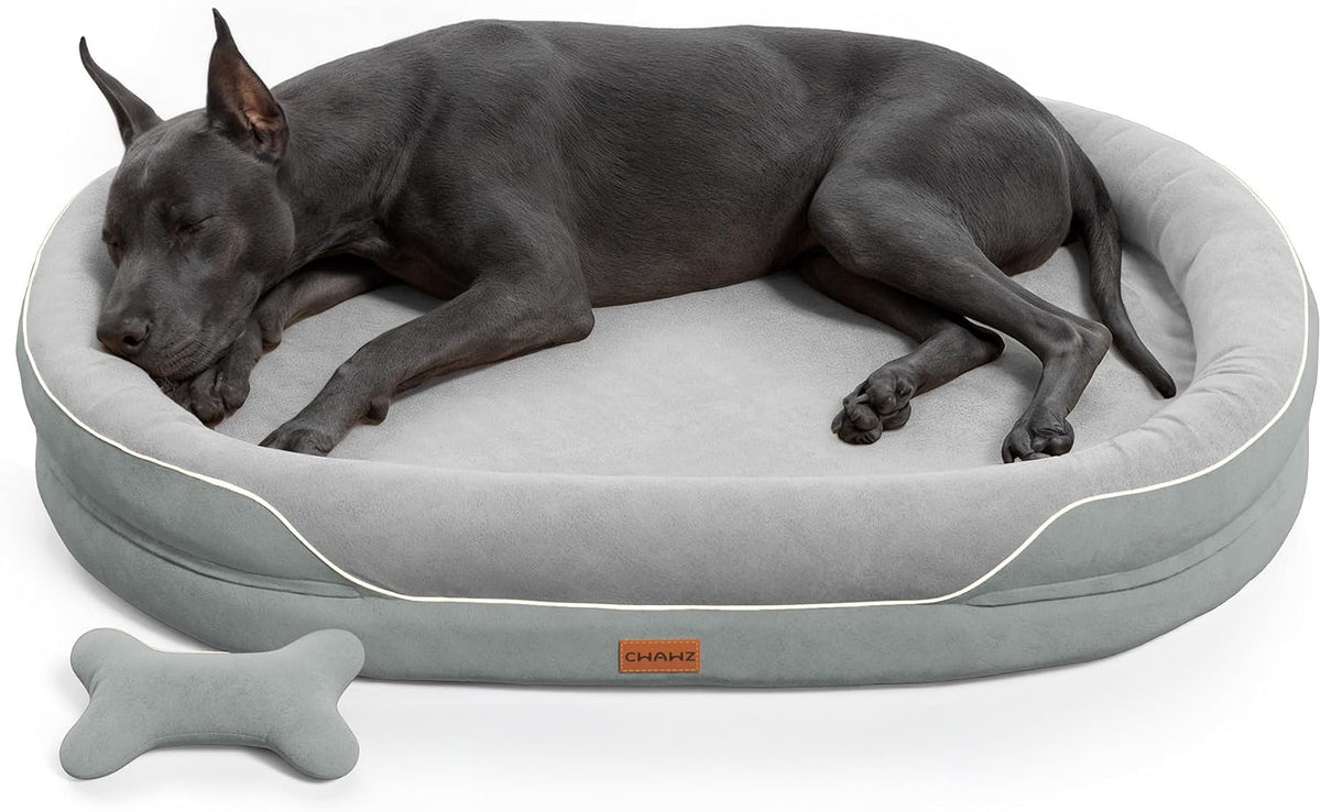 CWAWZ XXL Orthopedic Dog Bed, 53 In. Dog Bed for Large Sized Dogs with Full-Surround Bolsters, Dual-Sided Dog Cooling Beds with Memory Foam, Washable Pet Sofa Couch with Nonslip Bottom, Light Grey