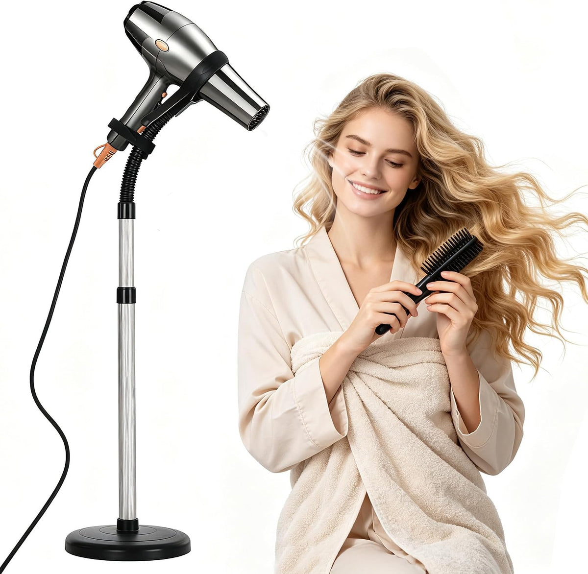 Erytlly Hair Dryer Stand Hands Free 360-Degree Rotating 2 Heads Adjustable Height Metal Hair Dryer Holder Blow Dryer Holder about for 0.5Kg Hair Dryer in Bathroom, Vanity, Makeup Room Basic New