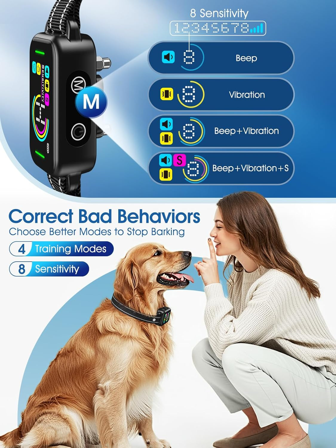DINJOO Smart Bark Collar - Rechargeable anti Barking Training Collar with 8 Adjustable Sensitivity, Beep & Shock (Dark Black) for Large, Medium & Small Dogs
