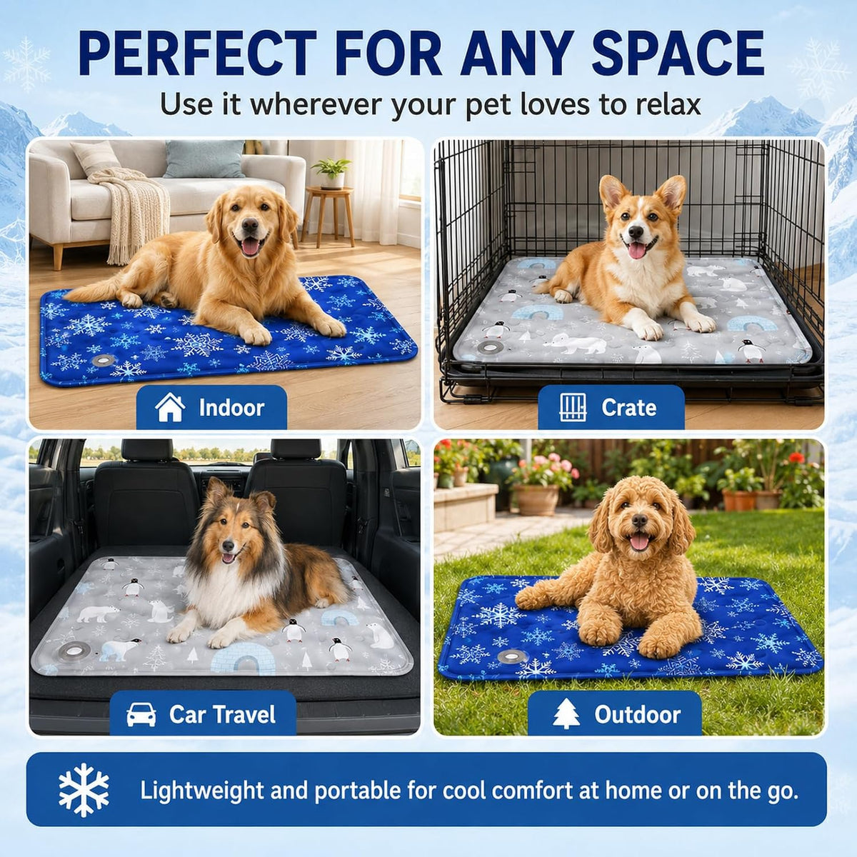 Pet Cooling Mat for Dogs & Cats (36"X24"), Non-Toxic Water-Activated Gel Ice Pad, Scratch Resistant & Leakproof Summer Dog Bed, Washable Seat Cushion for Pet, Sofa, Car (Snowflake Patterns)