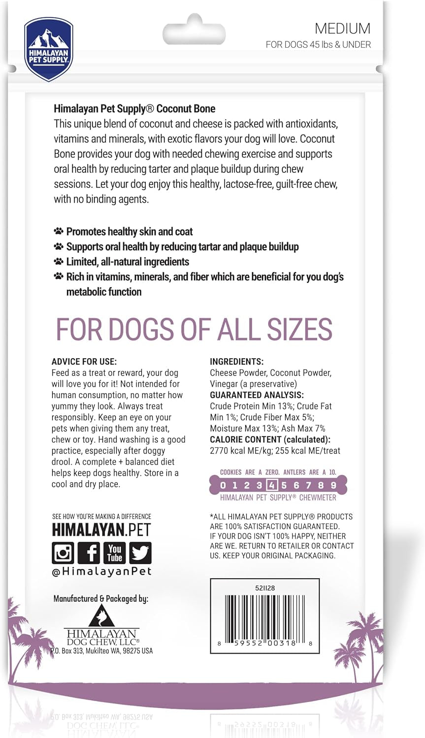 Coconut and Himalayan Cheese Dog Chew | Long Lasting, Stain Free, Protein Rich, Low Odor | 100% Natural, Healthy & Safe | No Lactose, Gluten or Grains | Coconut Bone | for Dogs 45 Lbs & Smaller