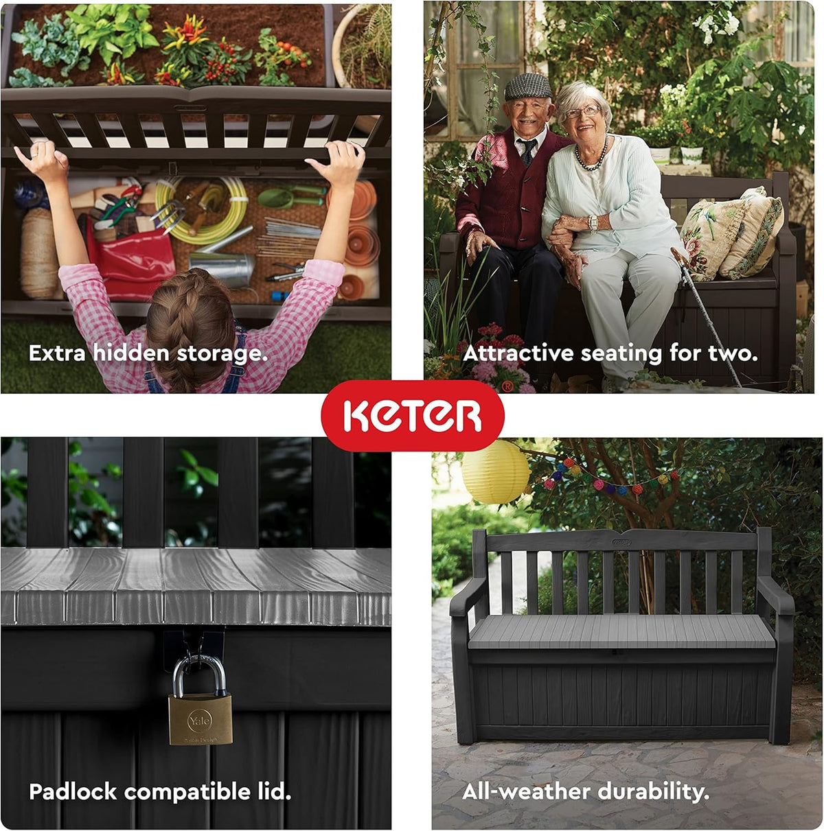 Keter Solana 70 Gal Outdoor Storage Bench for Patio and Pool Accessories