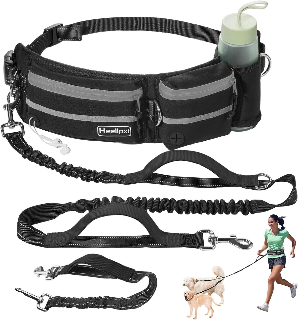 Hands-Free Waist Leash with Pouch for Two Dogs: Reflective Stitching, Dual Handle & Bungee Retractable Design – Ideal for Medium to Large Dogs (Grey) – Dog Walking Accessories