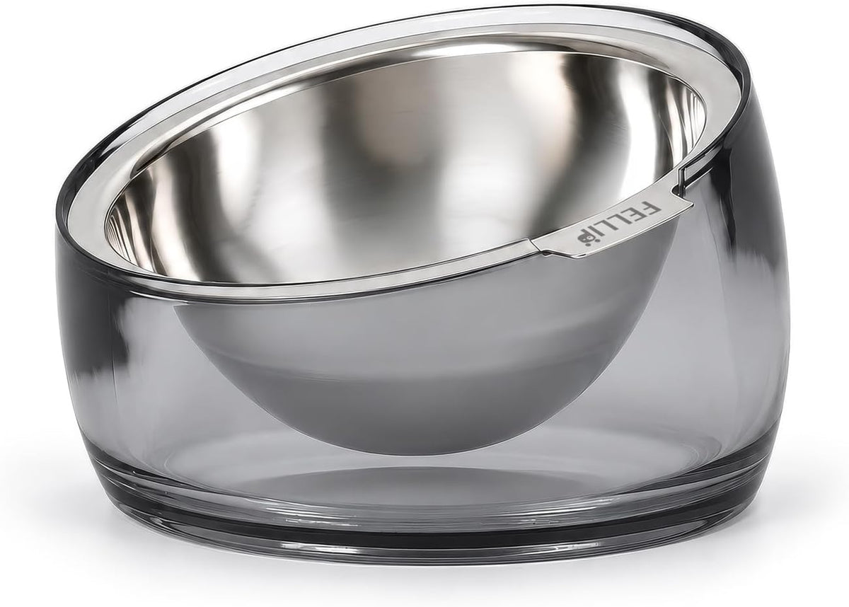 Felli Pet Oblik Acrylic Raised Dog Food Water Bowl Stainless Steel Slanted Oval Dish for Short Leg Puppy & Small Medium Pet, Elevated Tilted Metal Feeder (Smoky, 1.5 Cups Oval Dish)
