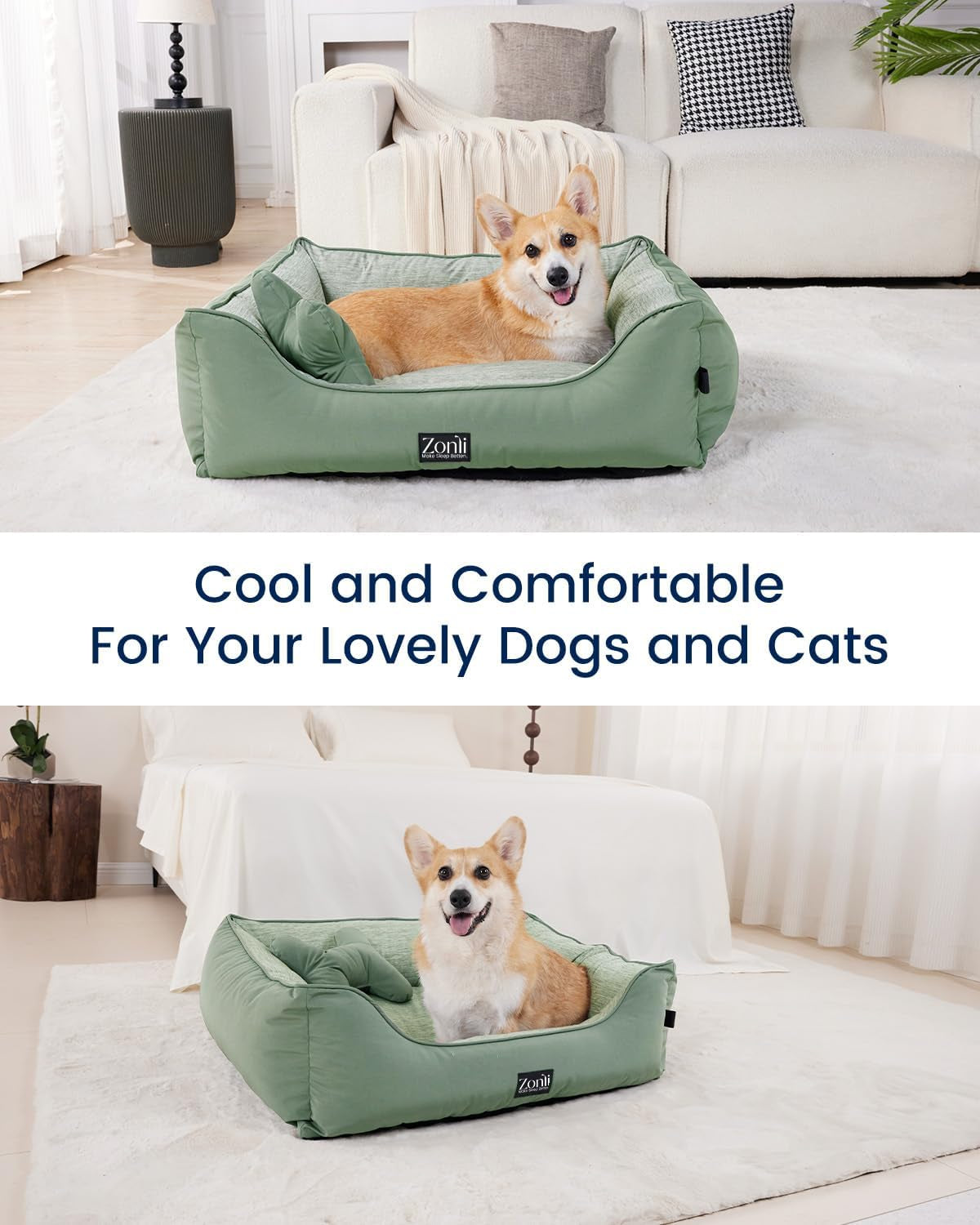 Zonli Cooling Dog Bed, Dog Bed for Small Dogs & Cats, Dog Cooling Bed with Bolsters Waterproof, for Dogs up to 15 Lbs, Pet Bed with Washable Cover, Non-Slip Bottom, without Gel, Mint Green