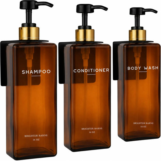 Amber Shampoo and Conditioner Dispenser Set Wall Mounted by Brighter Barns - Refillable Shower Dispenser 3 Chamber No Drill - 16Oz Plastic Shampoo Bottle for Shower Wall, Guest Bathroom, Hotel (Amber)