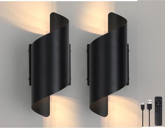 2 Packs Modern Wall Light Battery Operated Wall Sconces,Black Wireless Wall Lamp with Remote, Rechargeable Cordless Wall Sconce USB Charging for Bedroom Living Room Hallway (2 Pack)