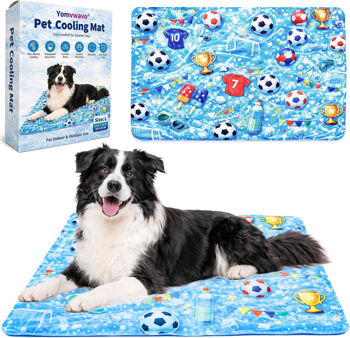 Dog Cooling Mat, Water-Activated Gel Ice Pad for Dogs&Cats, Self-Cooling Mat Soccer Fan Dog Gifts, Waterproof Wipe-Clean, Soccer-Themed Summer Beds for Outdoor&Indoor Large/Medium/Small Pets