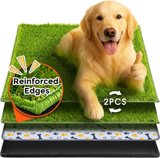 Hompet Dog Grass Pad with Tray Large, 35"X22.5", 2 Reusable Artificial Turf for Dogs Potty, Waterproof Non-Slip Washable Pee Pads, Quickly Absorbency Portable Dog Litter Box for Indoor/Outdoor Use