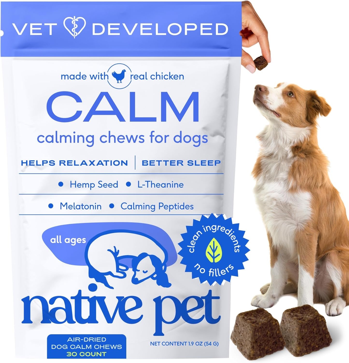 Native Pet Calming Chews for Dogs - Promotes Calming Effect, Supports Emotional Balance & Reduces Hyperactivity - Hemp Seed, Melatonin for Dogs, L-Theanine & Casein - 30 Chews