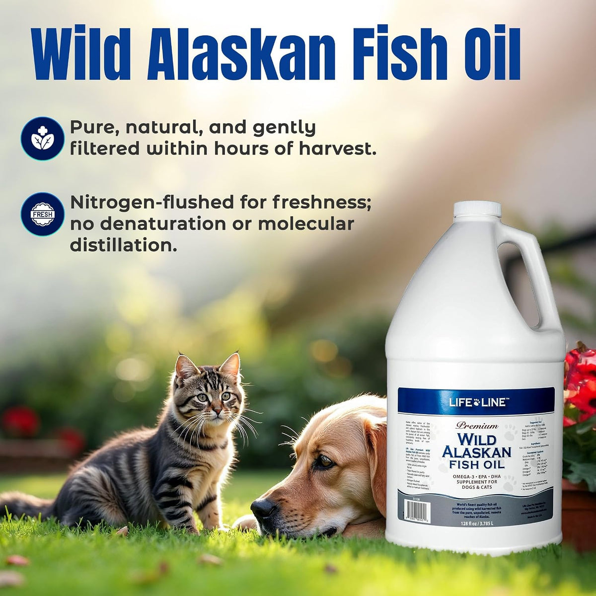 Life Line Pet Nutrition Wild Alaskan Fish Oil for Dogs and Cats 128Oz – Omega 3 Fish Oil Supplement for Skin & Coat, Brain, Eye & Heart Health