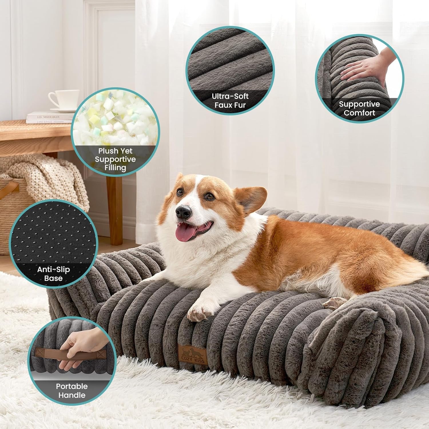 COZY KISS Cute Cat Couch, Fluffy Sofa Bed for Cats and Small Dogs, Premium Faux Rabbit Fur Cats Beds for Indoor Cat, Ultra-Soft Supportive Pet Couch Furniture (Grey, M: 31.5''X23.5'')