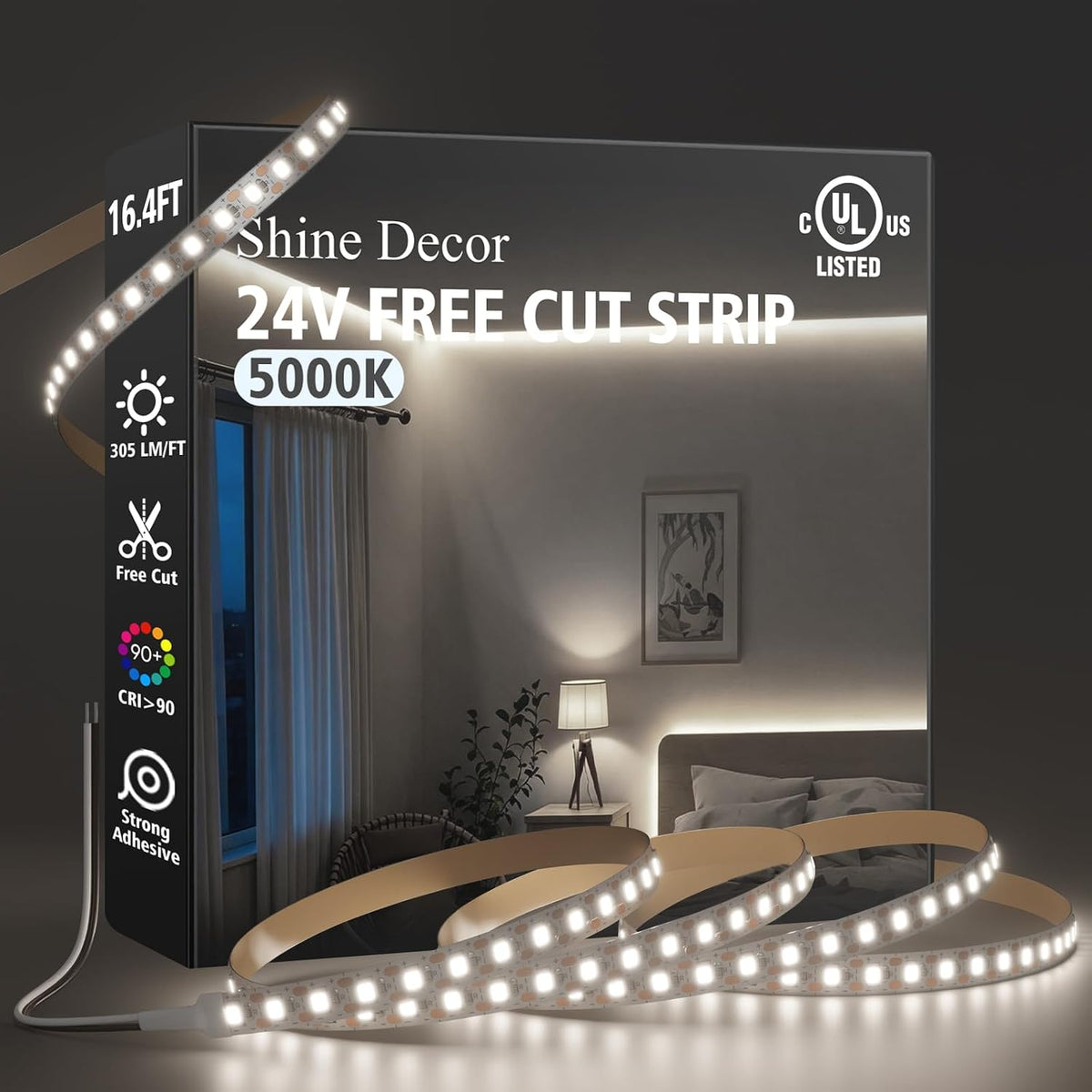 24V Free Cut LED Strip Light, UL Listed, Daylight White 5000K, 16.4Ft