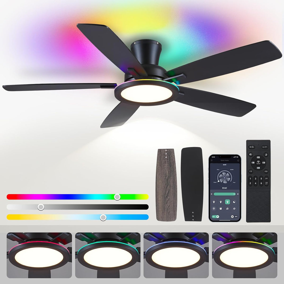 BYKISTOK Flush Mount Ceiling Fan with RGB Light - 52In Black Ceiling Fan Light with Reversible Mute Motor, LED 3CCT Dimmable, Low Profile Modern Ceiling Fans for Indoor, Party, Covered Outdoor