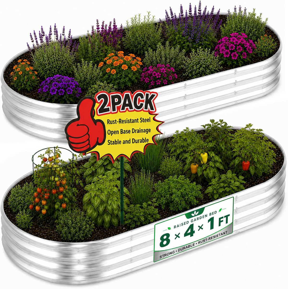 HOOPLE 2 Pack 8X4X1Ft Galvanized Raised Garden Beds for Vegetables, Large Oval Metal Planter Box Outdoor, 32 Cu Ft Deep Open Bottom Garden Bed Kit for Backyard, Flowers, Herbs & Deep-Rooted Plants