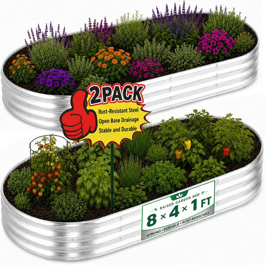HOOPLE 2 Pack 8X4X1Ft Galvanized Raised Garden Beds for Vegetables, Large Oval Metal Planter Box Outdoor, 32 Cu Ft Deep Open Bottom Garden Bed Kit for Backyard, Flowers, Herbs & Deep-Rooted Plants