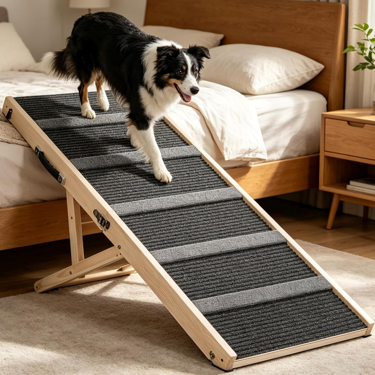 55" L X 20" Extra Wide Dog Ramp for High Bed & Couch - 5 Adjustable Height 19" to 27" Wooden Non-Slip Pet Ramp, Portable Foldable Doggie Car Ramp for Small Medium Large Older Dogs