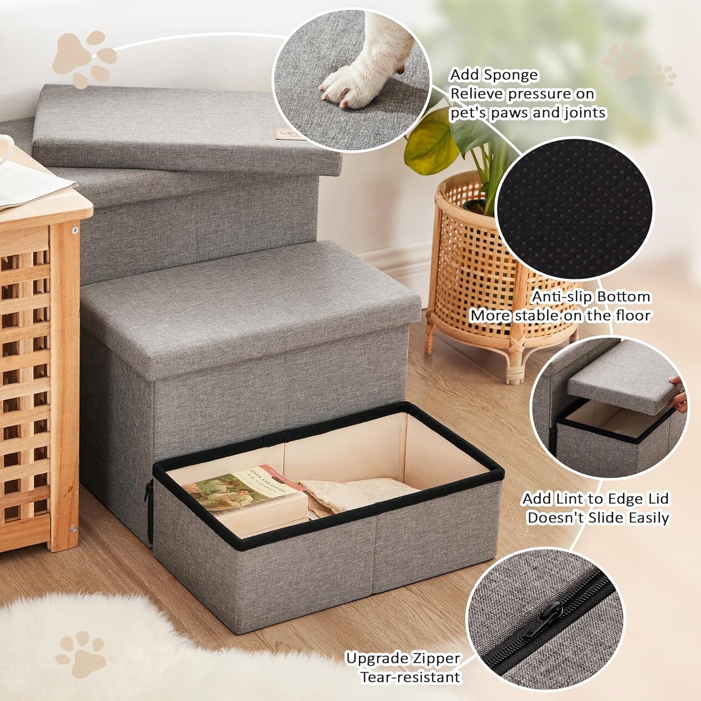 Love'S Cabin Dog Stairs for High Bed 18" H, Foldable Pet Stairs for Small Medium or Large Dogs Puppy with Storage for Bed or Couch, Cat Dog Steps Ramp with Zip up to 200 Lbs, Solid Grey, 3 Steps