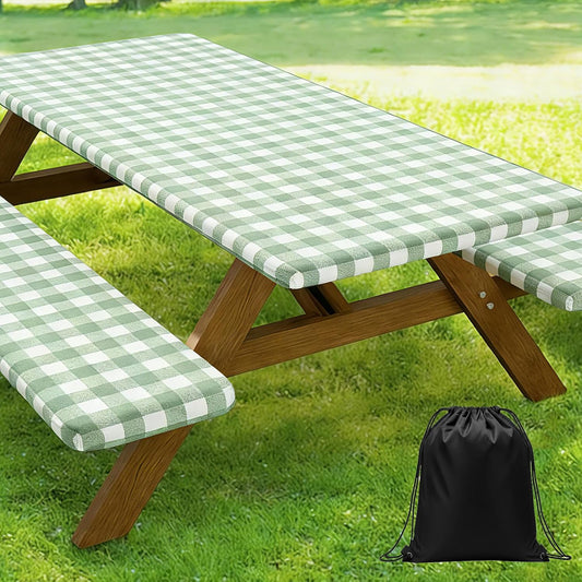 Anydesign Sage Green Plaid Picnic Table Cover with Bench Cover Green Gingham Waterproof Elastic Fitted Camping Tablecloth for 6Ft Rectangle Table Outdoor Decor